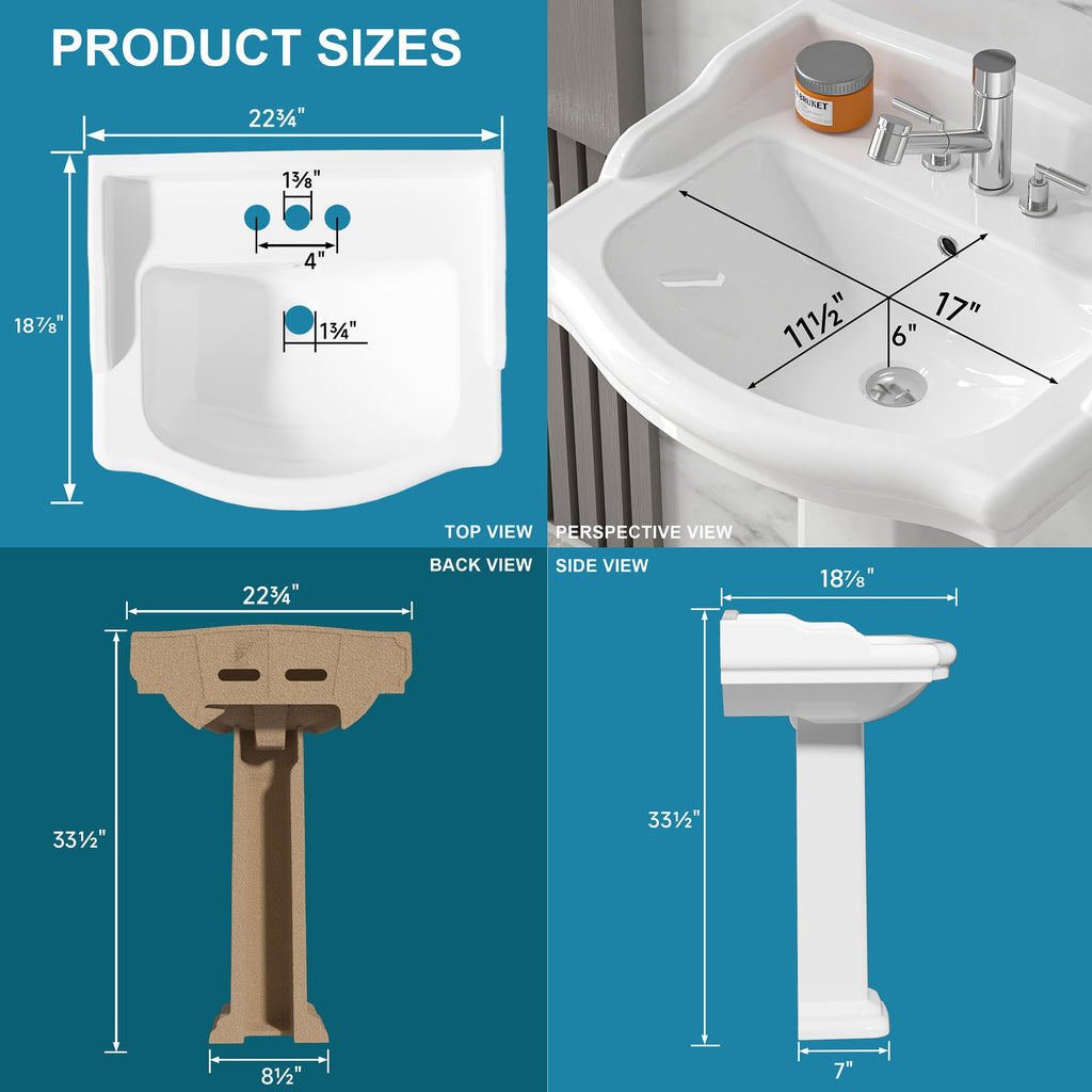 23"x19" Porcelain Retro Bathroom Pedestal Sink White 3 Hole