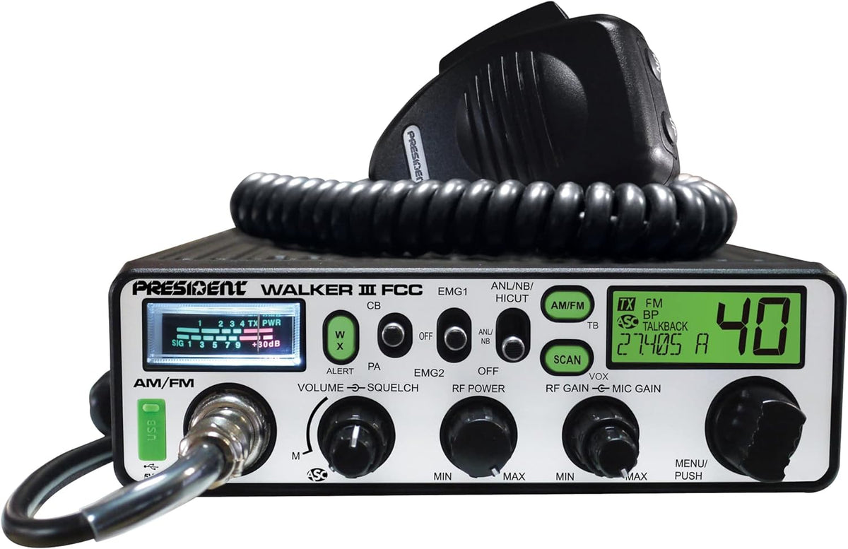 President Walker III FCC AM/FM 40 Channels CB Radio, 7color LCD Display, Weather Channel/Alert, ASC, VOX, Scan Skip, USB Port, Automatic SWR, RF & Mic Gain, ANL/NB, Dimmer, Key/Roger Beep