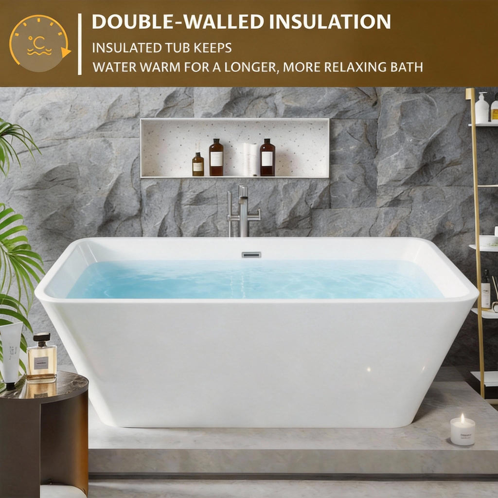 67'' Acrylic Freestanding Bathtub, Extra-Deep Soaking Free Standing Tub for Luxurious Bathing Experience, with Chrome Drain, for Main Bathroom, Black & White