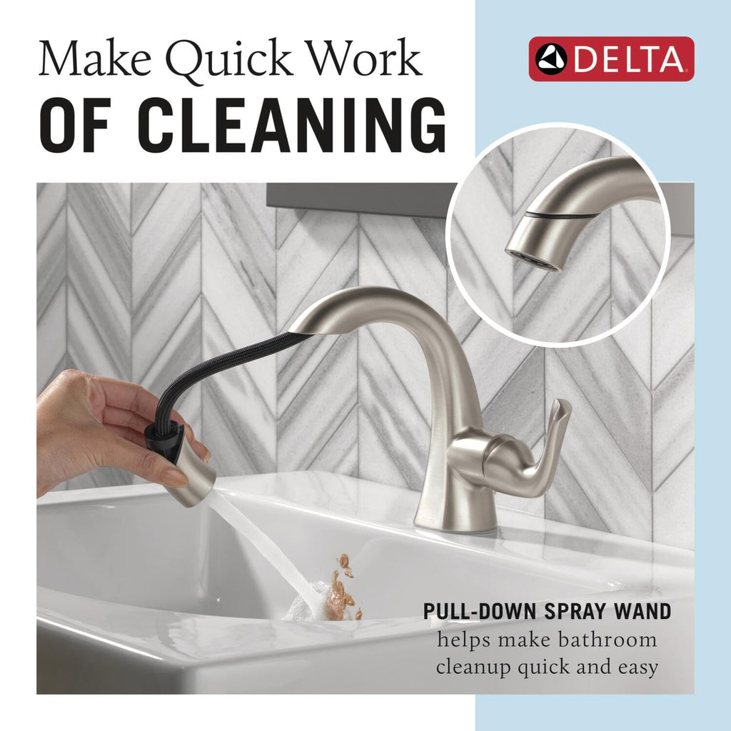 Delta Arvo Brushed Nickel Bathroom Faucet 1 Hole, Single Hole Bathroom Sink Faucet for Vanity, Push-Pop Drain Assembly, Spotshield Stainless 15840LF-SP