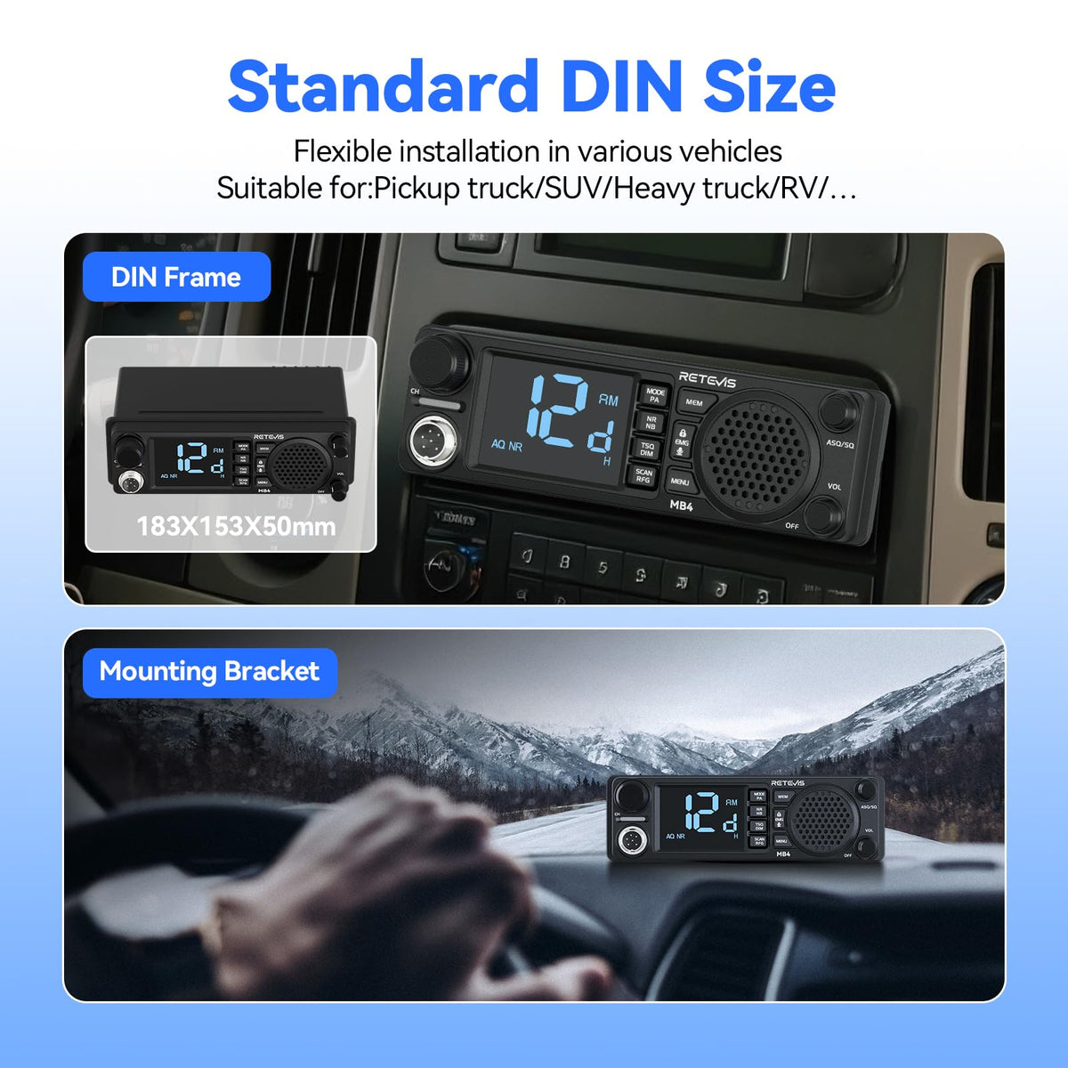 Retevis MB4 DIN Mount CB Radio kit with Antenna,External CB Speaker(1 Pack)