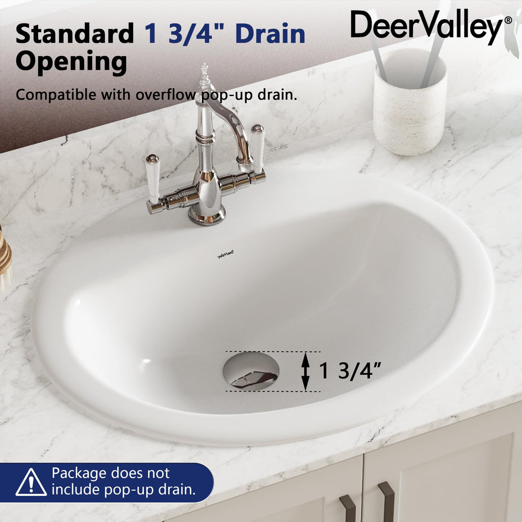 DeerValley Drop In Bathroom Sink White 21"x18" Rectangle Sleek 3-Hole Basin