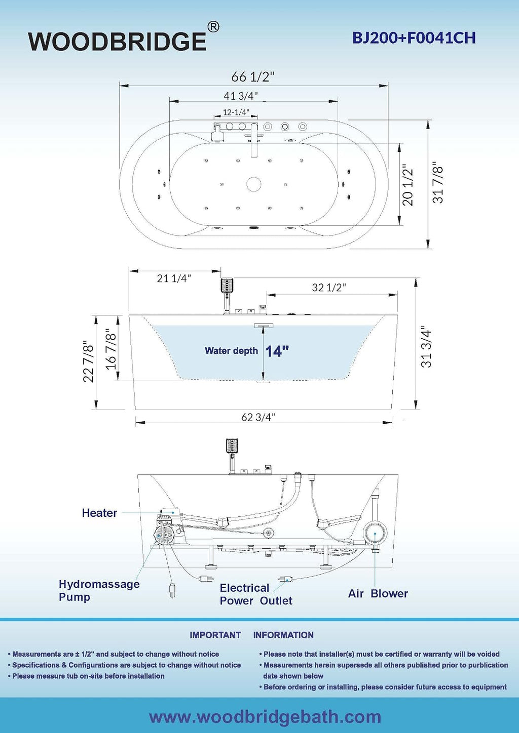 WOODBRIDGE 66-1/2" Ã 31-7/8" Whirlpool & Air, Heated Bathtub with Faucet