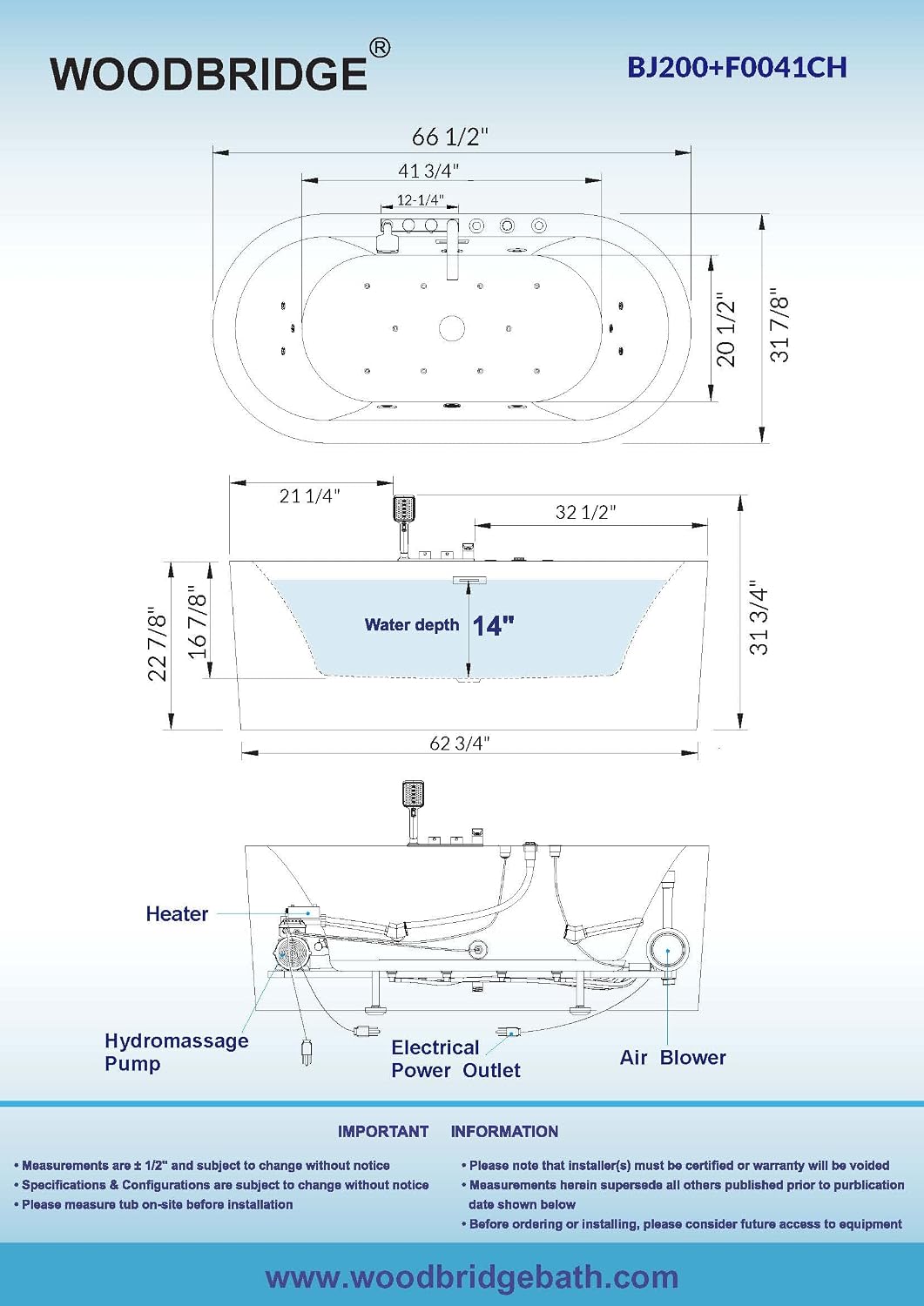 WOODBRIDGE 66-1/2" Ã 31-7/8" Whirlpool & Air, Heated Bathtub with Faucet