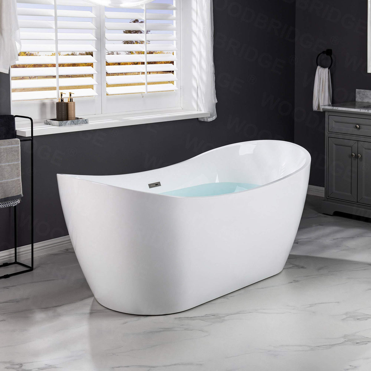 WOODBRIDGE 71" Acrylic Freestanding Bathtub Contemporary Soaking White Tub with Brushed Gold Overflow and Drain,B0017-BG