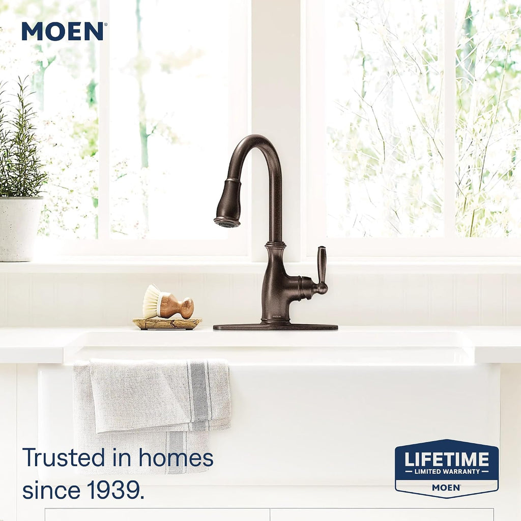 Moen Brantford Oil Rubbed Bronze Traditional One-Handle Kitchen Faucet with Pulldown Sprayer Featuring Power Boost and Reflex Docking System, 7185ORB