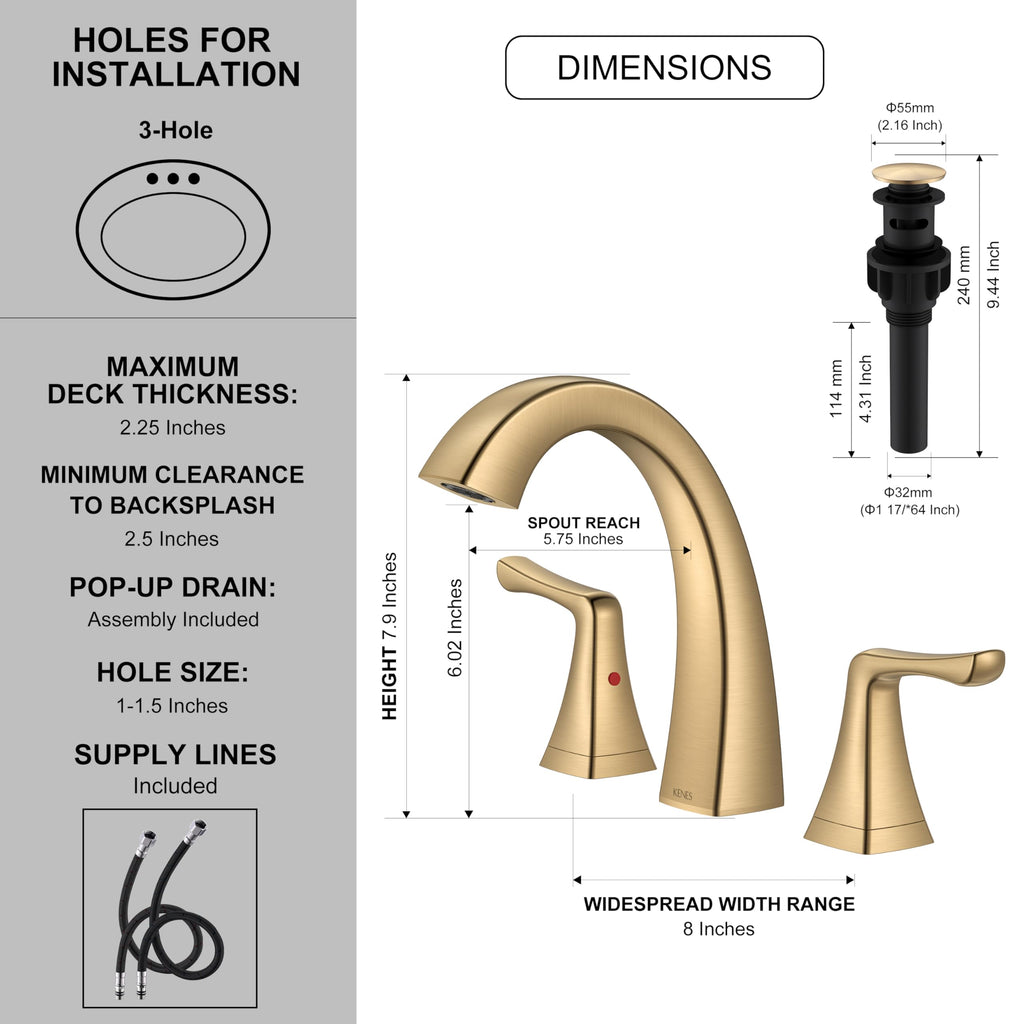 KENES Bathroom Faucets for Sink 3 Hole, Chrome 8 Inch 2 Handle Widespread