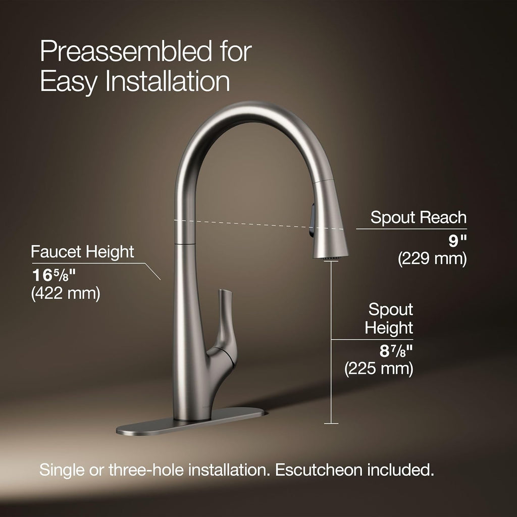 KOHLER R43210-VS Bevinâ¢ Kitchen Sink Faucet with Pull Down Sprayer, Two-Function Sprayhead Kitchen Faucets, 1.5 GPM, Vibrant Stainless