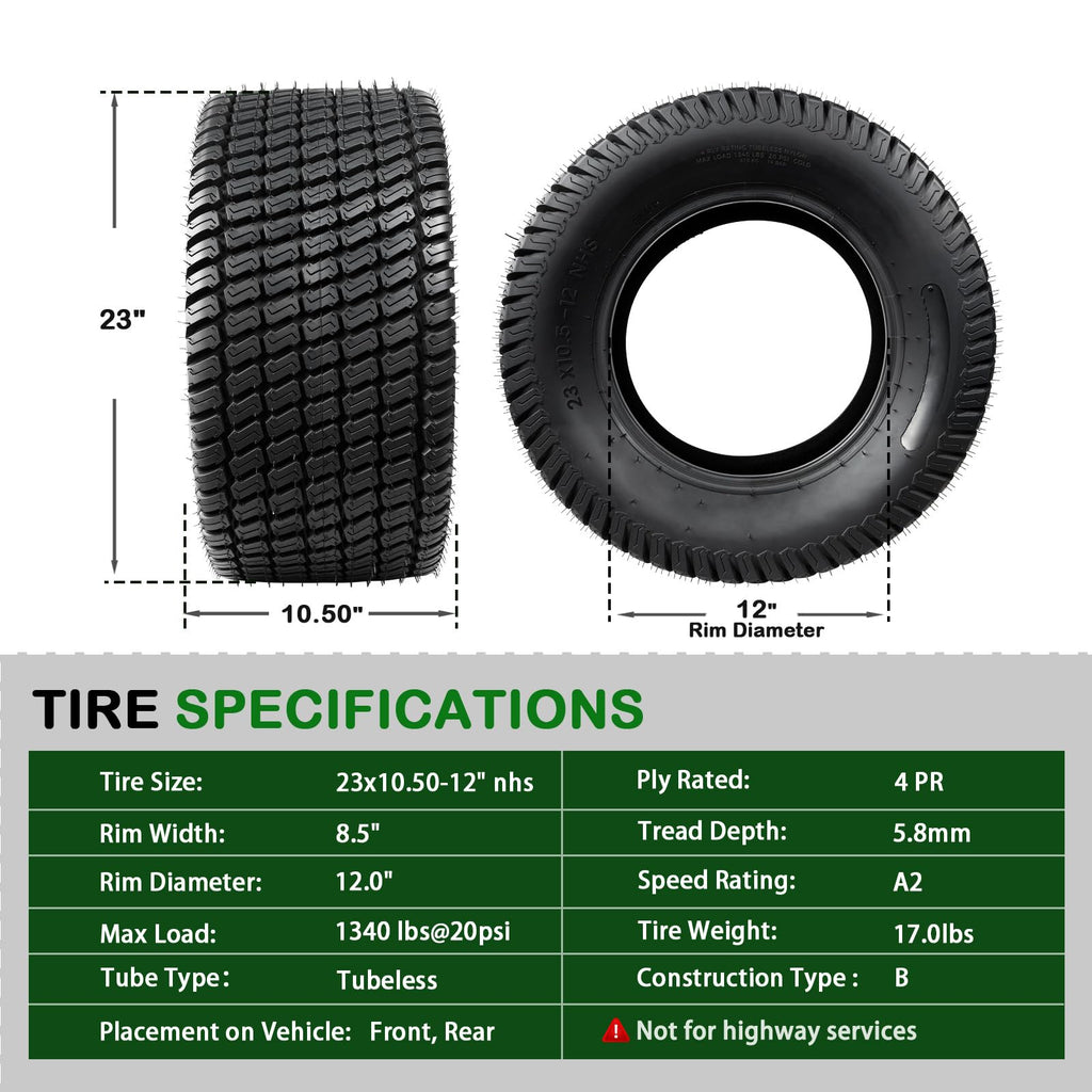 TRIPOWER 24x9.50-12 Lawn Mower Tire, 1 Pack Single Replacement Tire, 4PR Tubeless Turf Tire for Riding Mowers and Garden Tractors, Tire Only, Rim Not Included