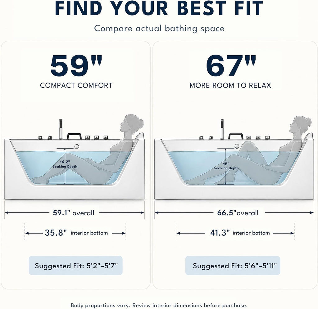 Empava 60" Acrylic Alcove Whirlpool Bathtub, Jetted Soaking Tub