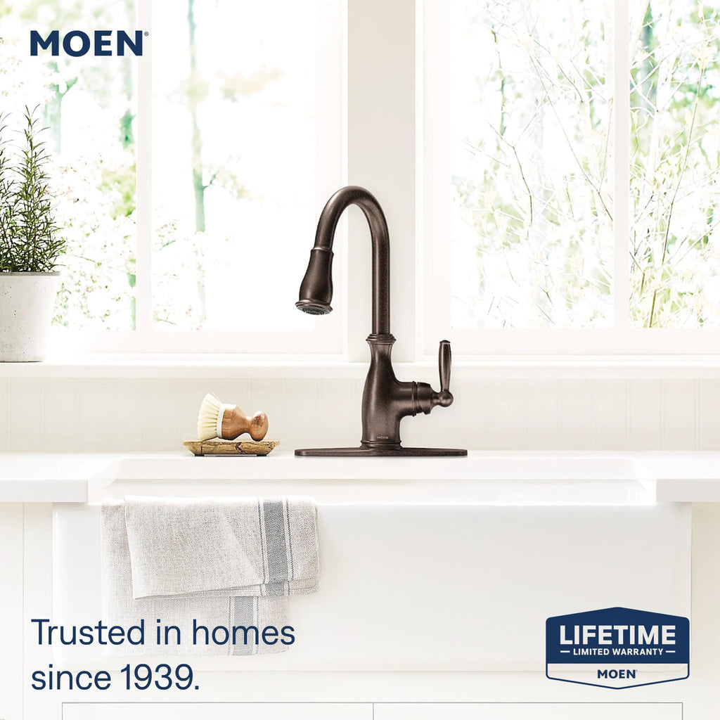 Moen Brantford Oil Rubbed Bronze Traditional One-Handle Kitchen Faucet with Pulldown Sprayer Featuring Power Boost and Reflex Docking System, 7185ORB