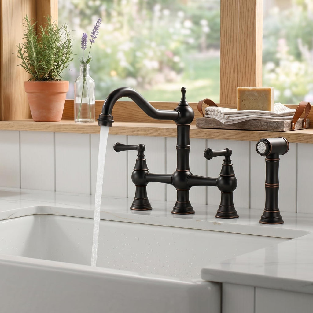 WOWOW Brass Bridge Kitchen Faucet 4 Hole with Side Sprayer, Brushed Gold