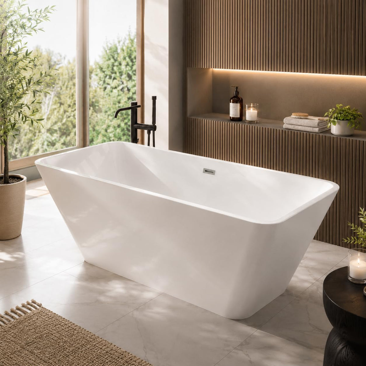 59" Acrylic Freestanding Soaking Bathtub, Deep Ergonomic Design with Lumbar Support, Integrated Overflow Drain, Non-Slip Base,cUPC Certified Modern Bathroom Tub, Easy Installation for Bathroom