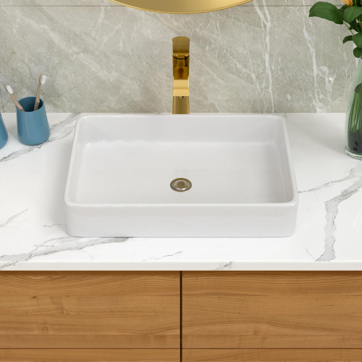 Bathroom Vessel Sink 19"x15" Rectangle Sink Above Counter White Porcelain Ceramic Modern Vanity Sink Art Basin with Faucet Hole
