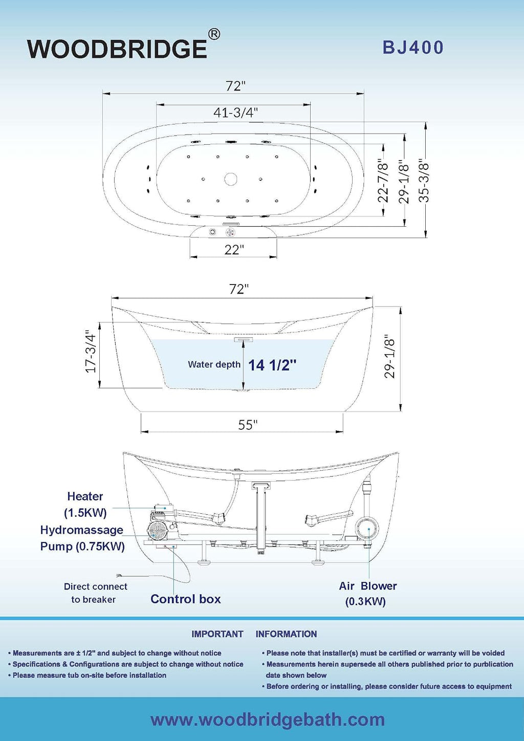 WOODBRIDGE 72"Ã35-3/8" Double Slipper Whirlpool&Air, Heated Soaking Bathtub