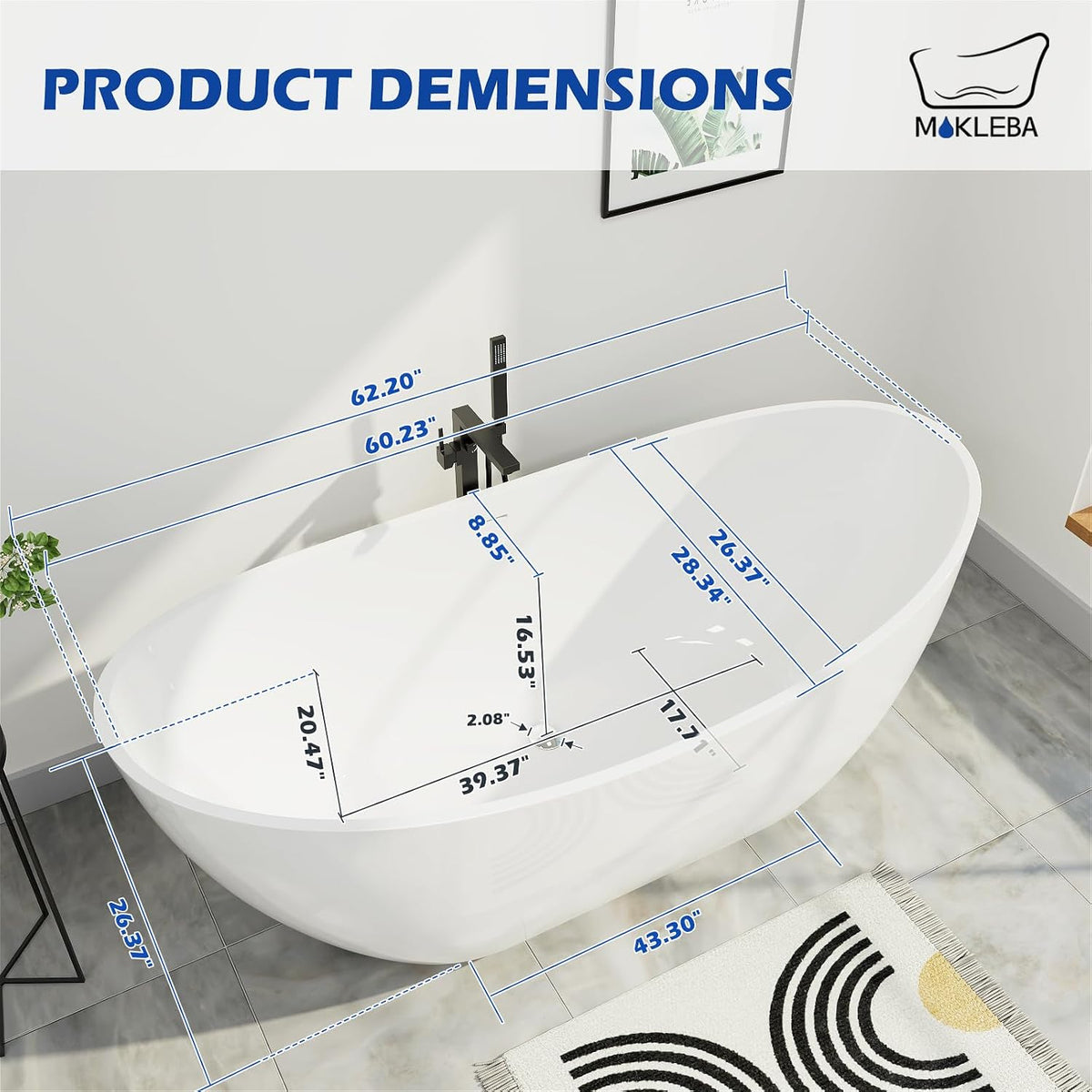 62" Lucite Acrylic Freestanding Bathtub, Double Slipper Soaking Tub