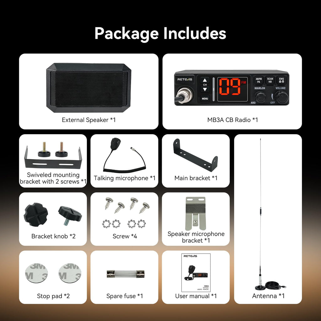 Retevis MB3A 40-Channel AM/FM CB Radio Kit, Long Range Radio with Antenna