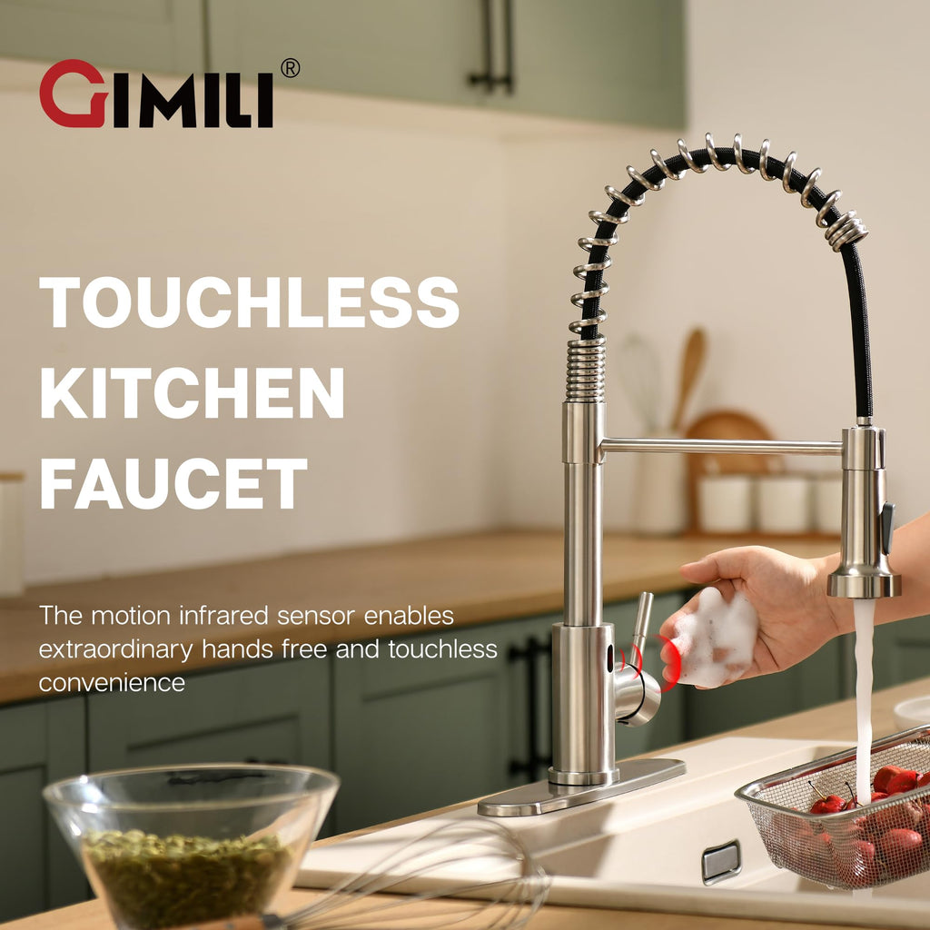 GIMILI Matte Black Touchless Kitchen Faucet with Spring Pull Down Sprayer