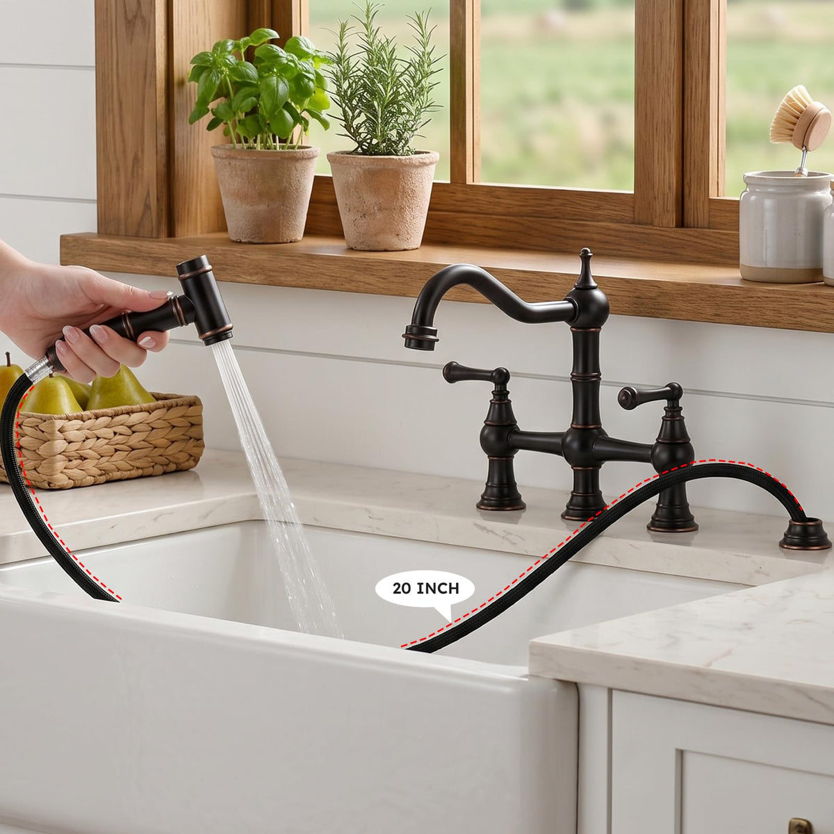 WOWOW Brass Bridge Kitchen Faucet 4 Hole with Side Sprayer, Brushed Gold