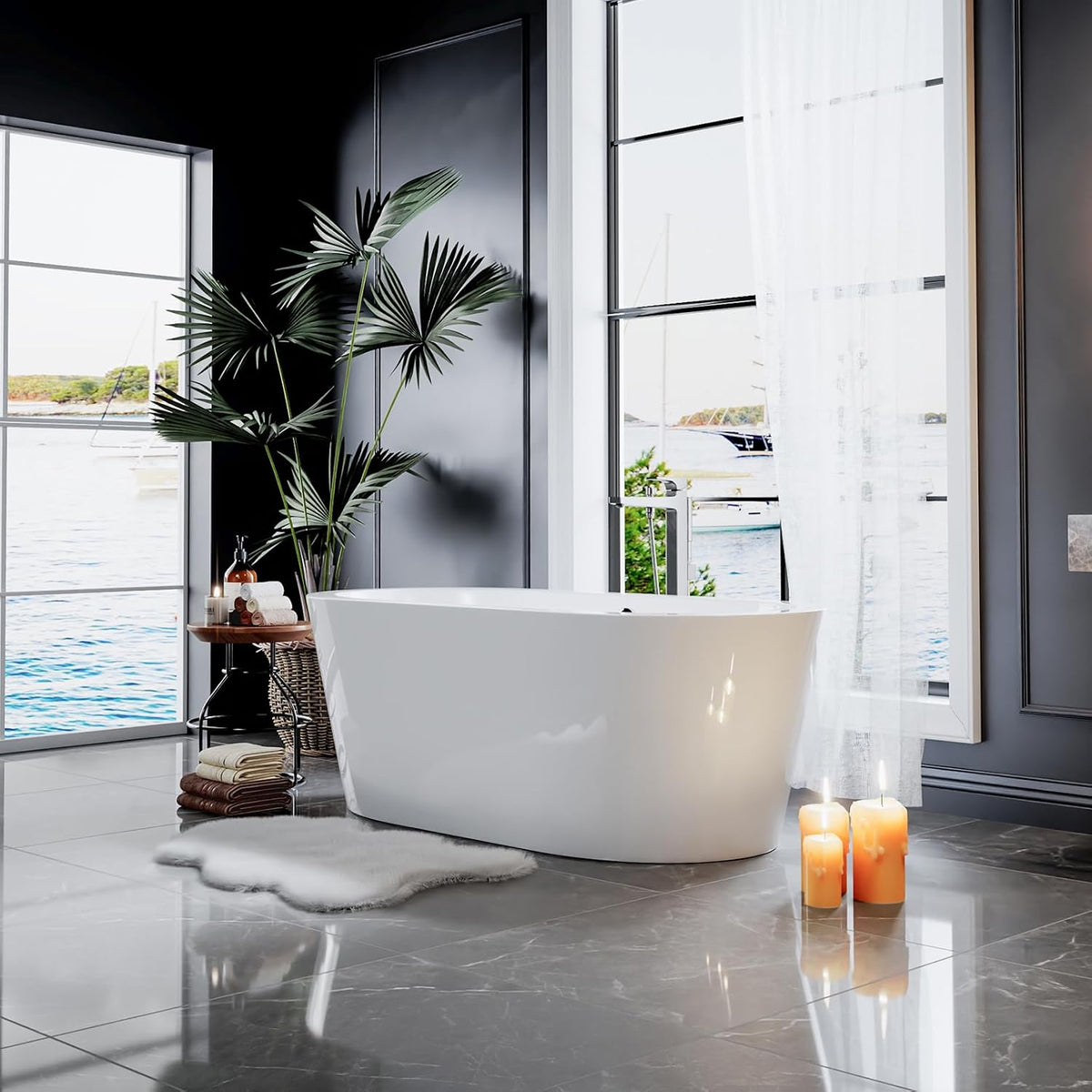 Empava Bathtub, 59" Soaking Tub with Center Drain and Overflow