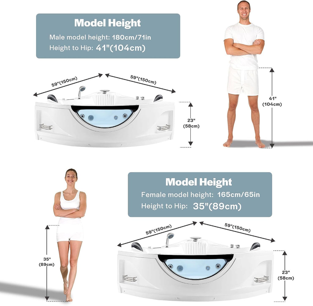 Empava 59" Corner Jetted Bathtub - 2 Person Whirlpool Tub with Heater