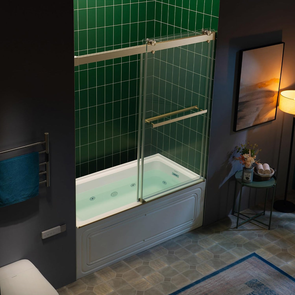 Woodbridge 56-60" W x 62" H Frameless Bathtub Shower Door,Double Sliding Soft-Close Doors,3/8(10mm) Tempered Glass with Explosion Proof Film in Brushed Bronze Finish