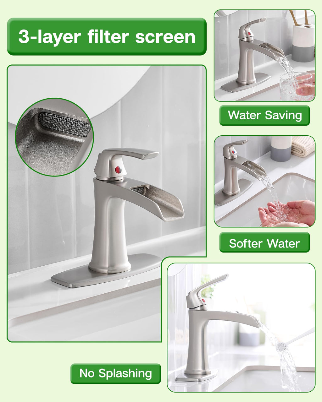 Fapully Brushed Nickel Bathroom Faucet 3 Hole, Waterfall 8 Inch Widespread Bathroom Sink Faucet with Pop-up Drain, Two-Handle Faucet for Bathroom Sink