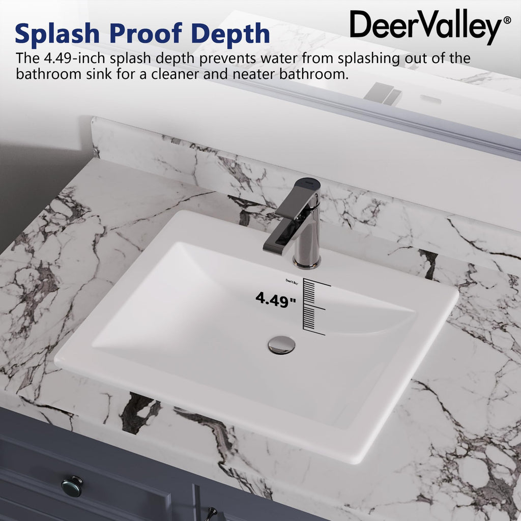 DeerValley Drop In Bathroom Sink White 21"x18" Rectangle Sleek 3-Hole Basin