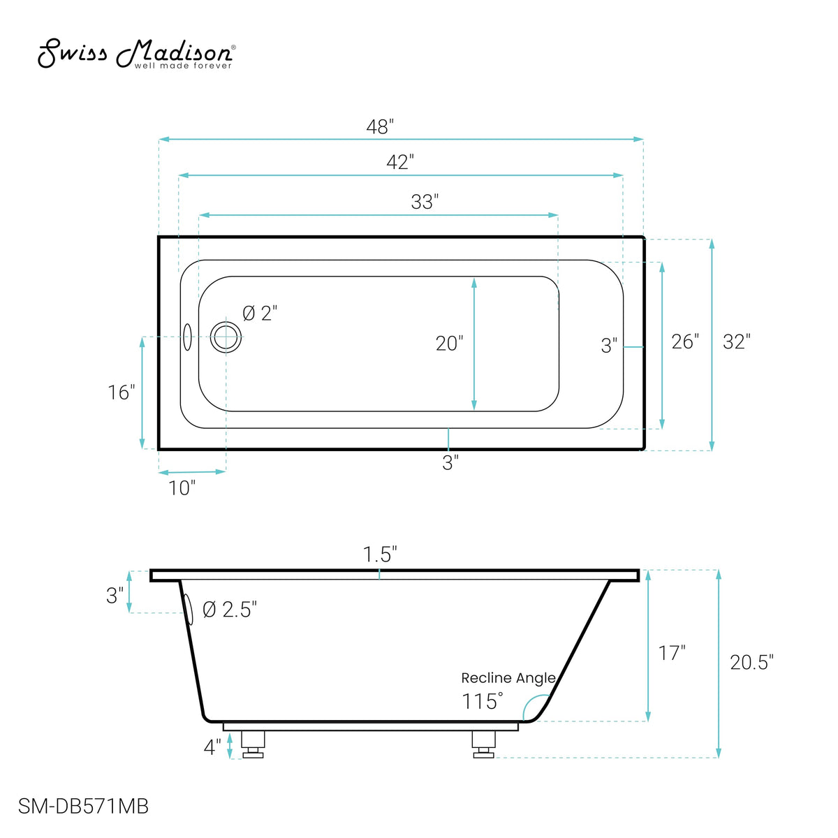 Swiss Madison Voltaire 66" x 36" Reversible Drain Drop-In Bathtub