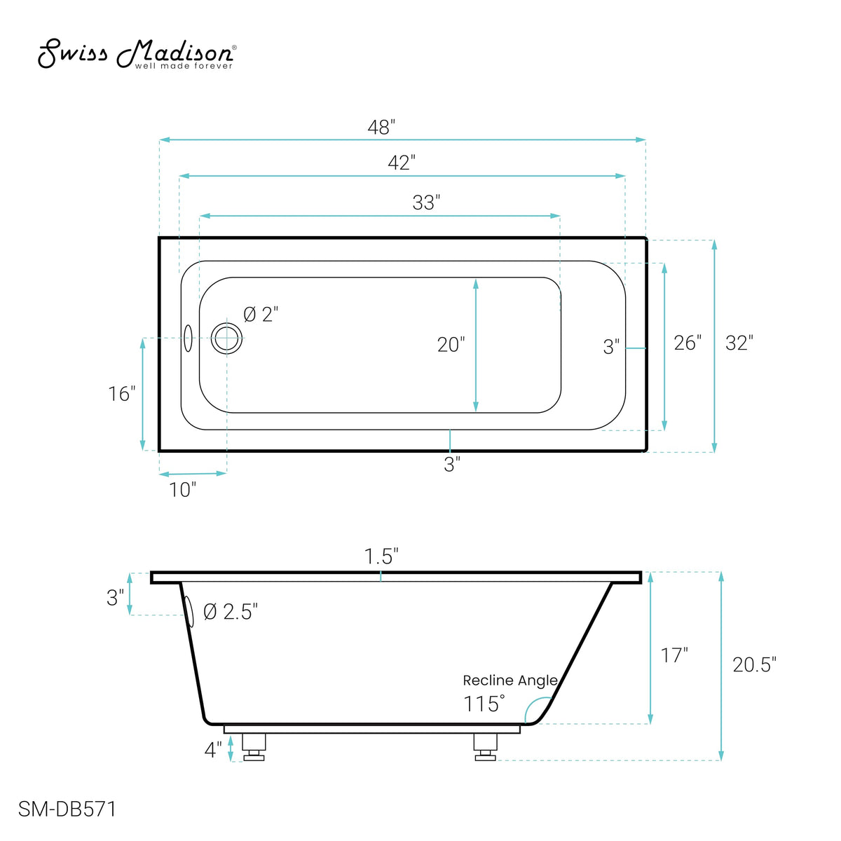 Swiss Madison Voltaire 66" x 36" Reversible Drain Drop-In Bathtub