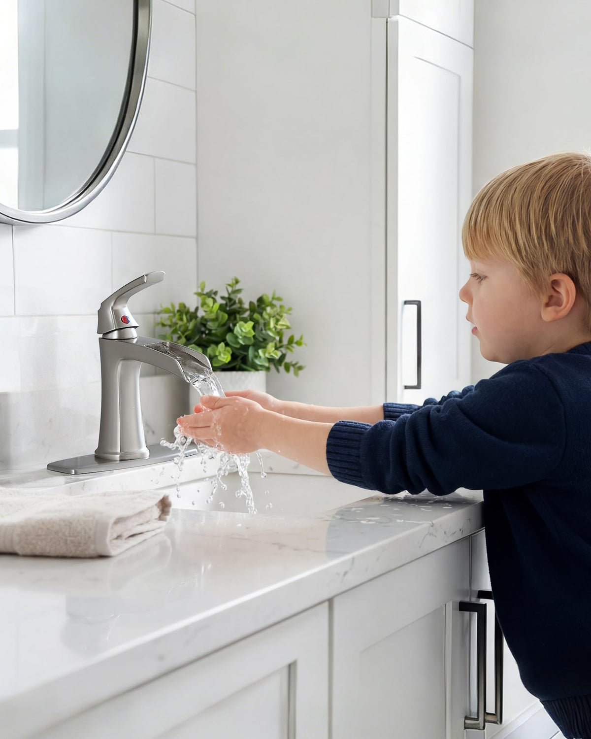 Fapully Brushed Nickel Bathroom Faucet 3 Hole, Waterfall 8 Inch Widespread Bathroom Sink Faucet with Pop-up Drain, Two-Handle Faucet for Bathroom Sink