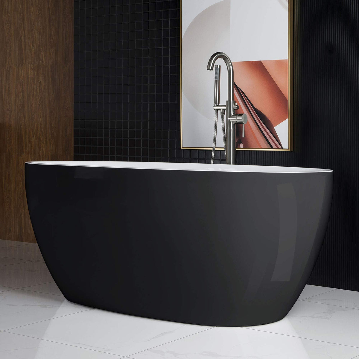 WOODBRIDGE 59"Freestanding White Acylic Soaking Bathtub with Brushed Nickel Drain and Overflow,BTA1518 -B/N-Drain &O