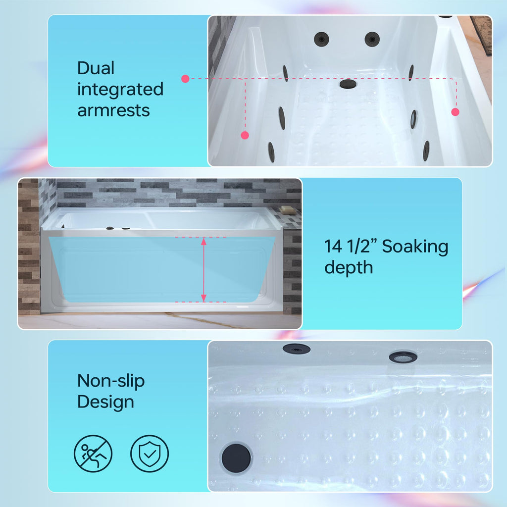 WOODBRIDGE 60" Alcove Acrylic Rectangular Whirlpool Heated Jetted Tub in White with Left Drain, Chrome pop-up Drain Included BS6030L
