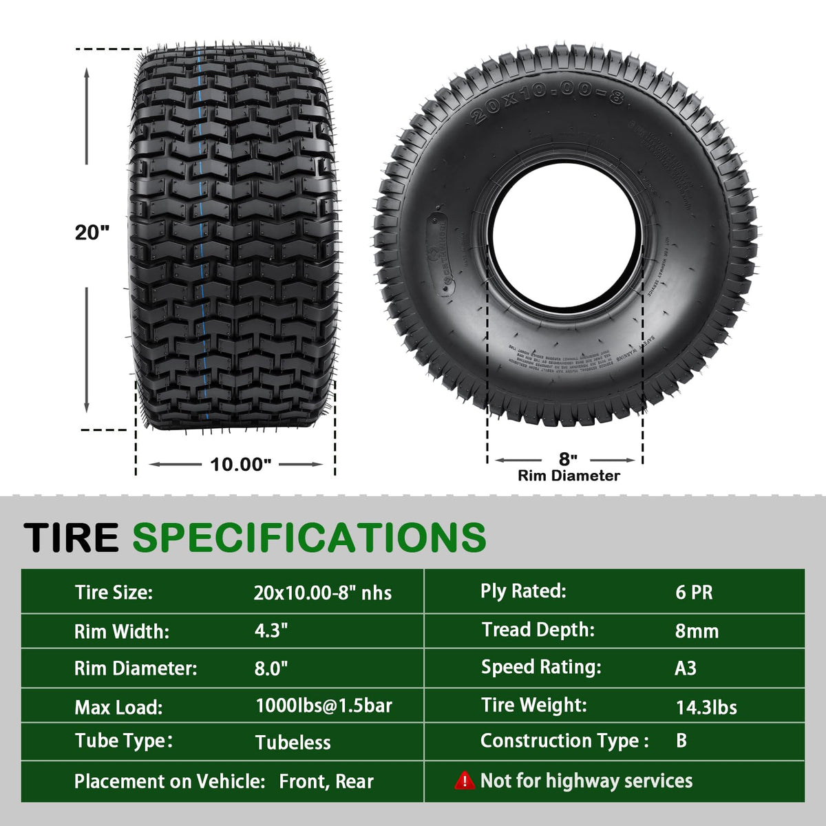 TRIPOWER 24x9.50-12 Lawn Mower Tire, 1 Pack Single Replacement Tire, 4PR Tubeless Turf Tire for Riding Mowers and Garden Tractors, Tire Only, Rim Not Included