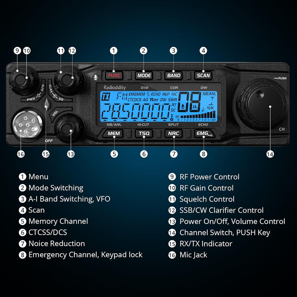 Radioddity QT80 10 Meter Mobile Ham Radio SSB/AM/FM/PA 80W, CTCSS/DCS