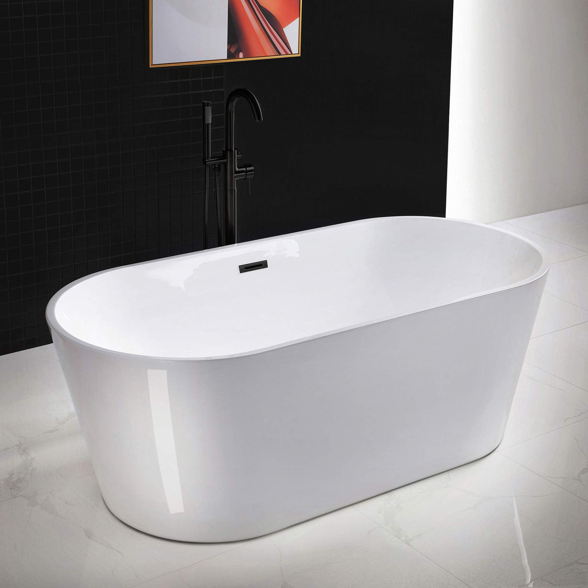 WOODBRIDGE 54" Acrylic Freestanding Bathtub Contemporary Soaking White Tub with Matte Black Overflow and Drain,BTA1702-MB