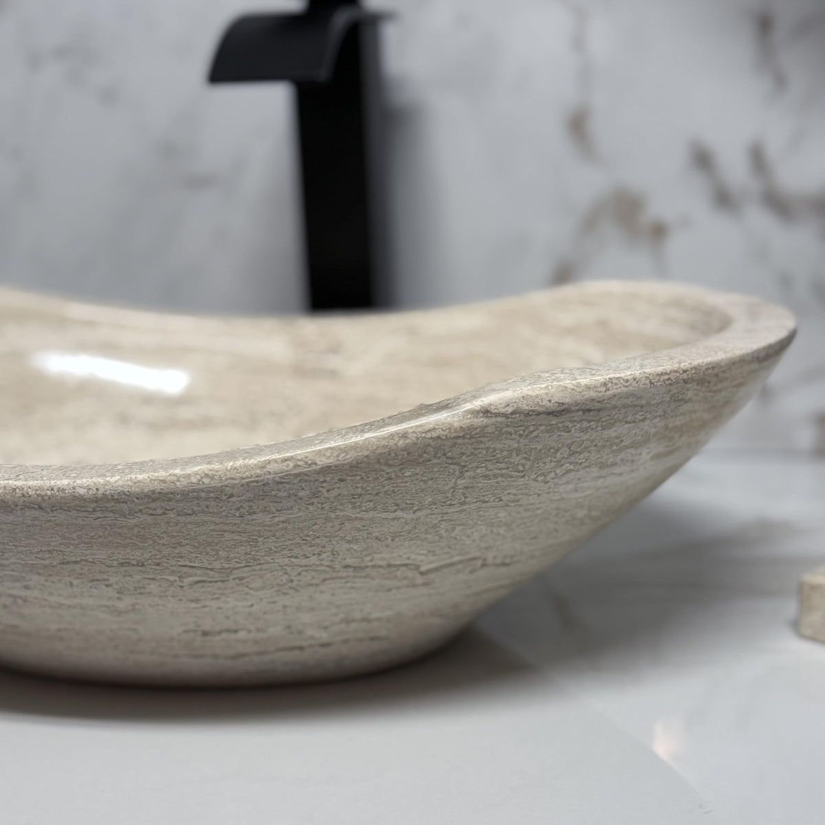 Oval Travertine Vessel Sink â Natural Stone Wash Basin, Hand-Carved Bathroom Sink with Chiseled Exterior & Polished Interior, Above Counter Vanity Basin (Includes Matching Soap Tray)