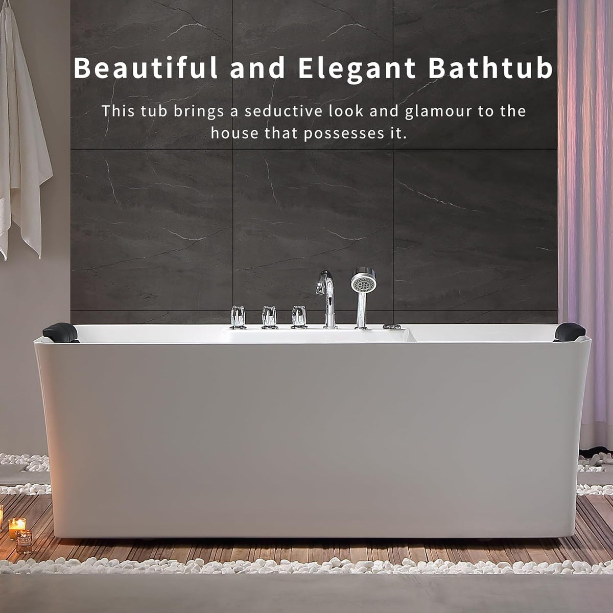 Empava 59" White Freestanding Rectangular Whirlpool Bathtub with 8 Adjustable Hydromassage Jets, ETL-Certified, 60-Gallon Capacity, Double-Ended Design & Two Pillows â Spacious for All Body Types