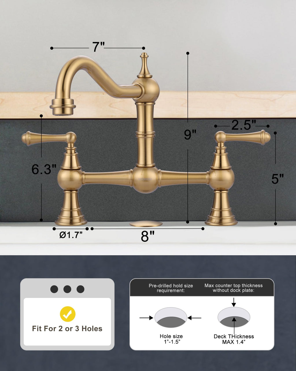 WOWOW Brass Bridge Kitchen Faucet 4 Hole with Side Sprayer, Brushed Gold