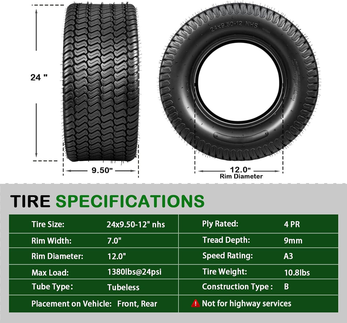 TRIPOWER 24x9.50-12 Lawn Mower Tire, 1 Pack Single Replacement Tire, 4PR Tubeless Turf Tire for Riding Mowers and Garden Tractors, Tire Only, Rim Not Included