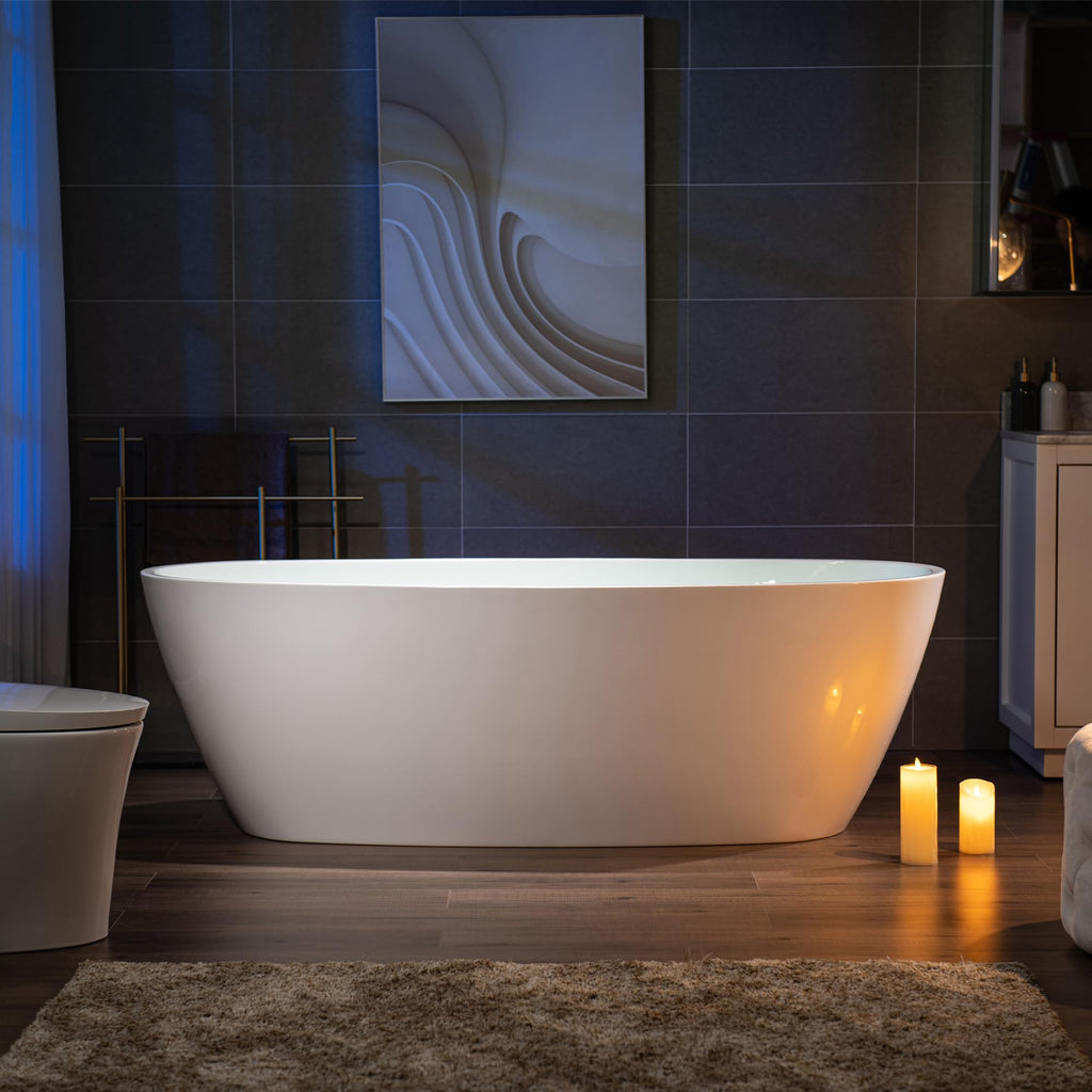 WOODBRIDGE 59"Freestanding White Acylic Soaking Bathtub with Brushed Nickel Drain and Overflow,BTA1518 -B/N-Drain &O