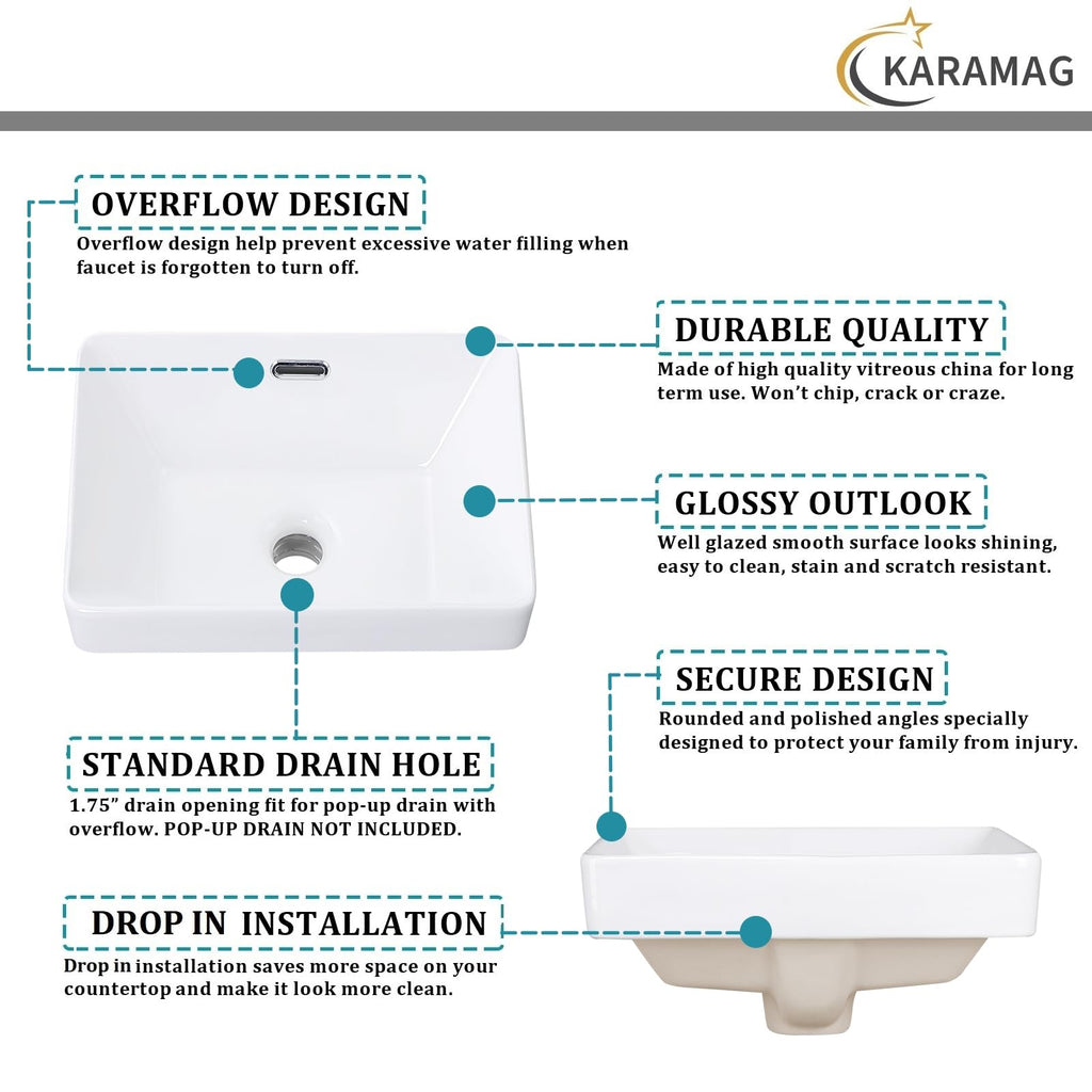 19 Inch Drop In Bathroom Vessel Sink with Overflow Rectangle White