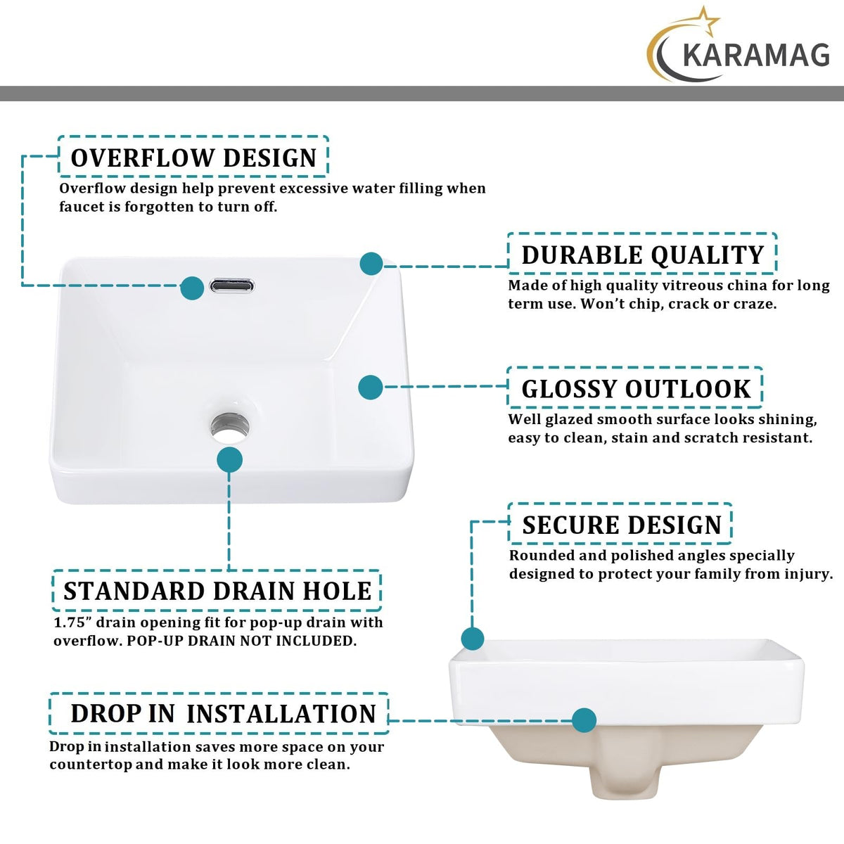 19 Inch Drop In Bathroom Vessel Sink with Overflow Rectangle White