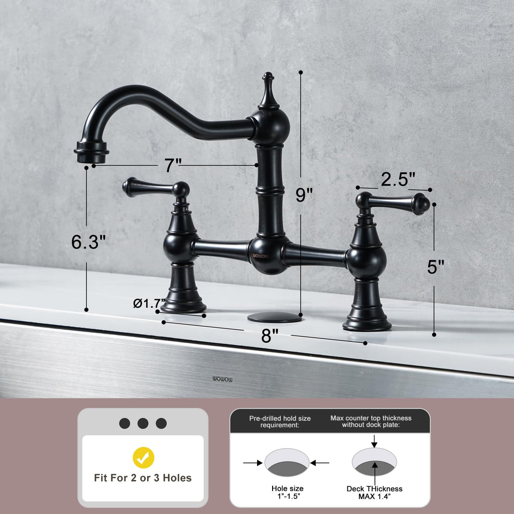 WOWOW Brass Bridge Kitchen Faucet 4 Hole with Side Sprayer, Brushed Gold