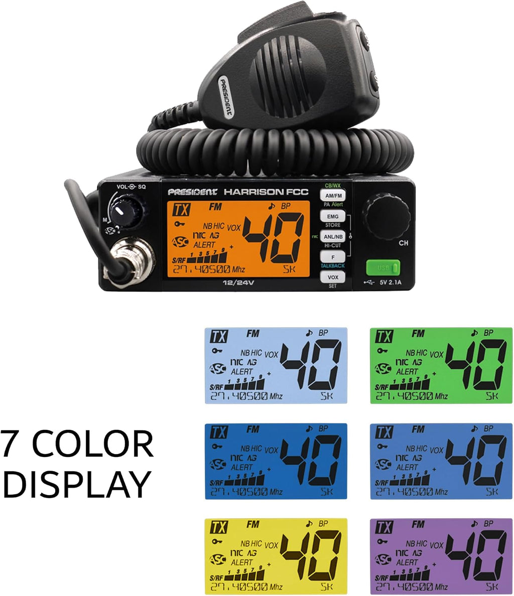 Harrison FCC AM/FM CB Radio with DIGIMIKE Microphone, CTCSS/DCS, Large 7 Color LCD Display, Weather Channel/Alert, ASC, VOX, Scan Skip, USB Port, NRC, Automatic SWR, PA, with Keychain