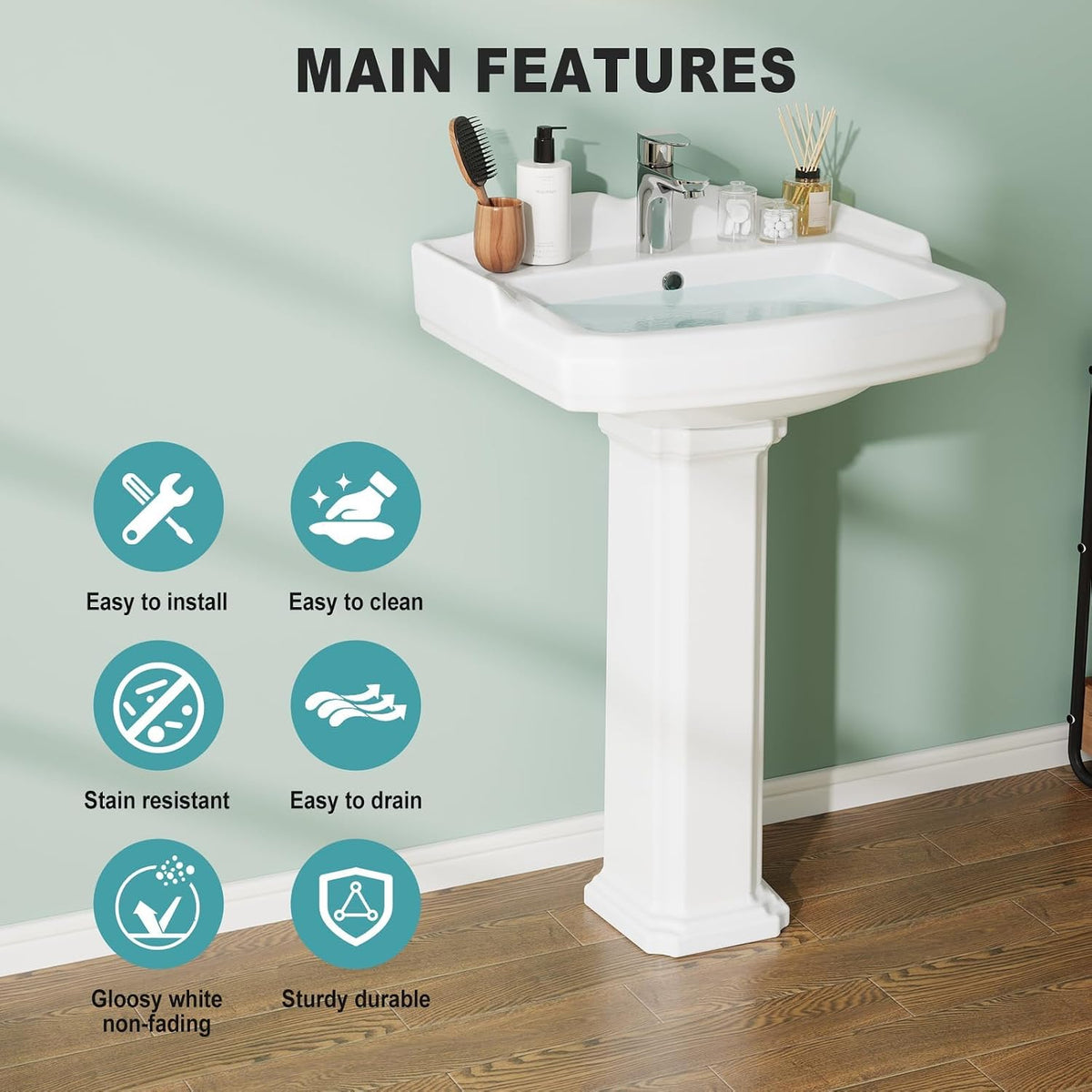Senfot Square Classic Pedestal Sink, Bathroom Pedestal Sink 19 X 23 Inch White Ceramic Pedestal Bathroom Sink Freestanding Ceramic Sink With Single Hole