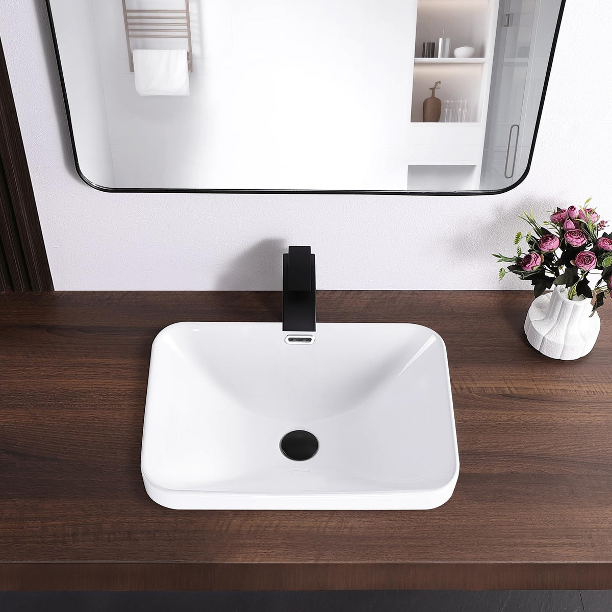 19 Inch Drop In Bathroom Vessel Sink with Overflow Rectangle White
