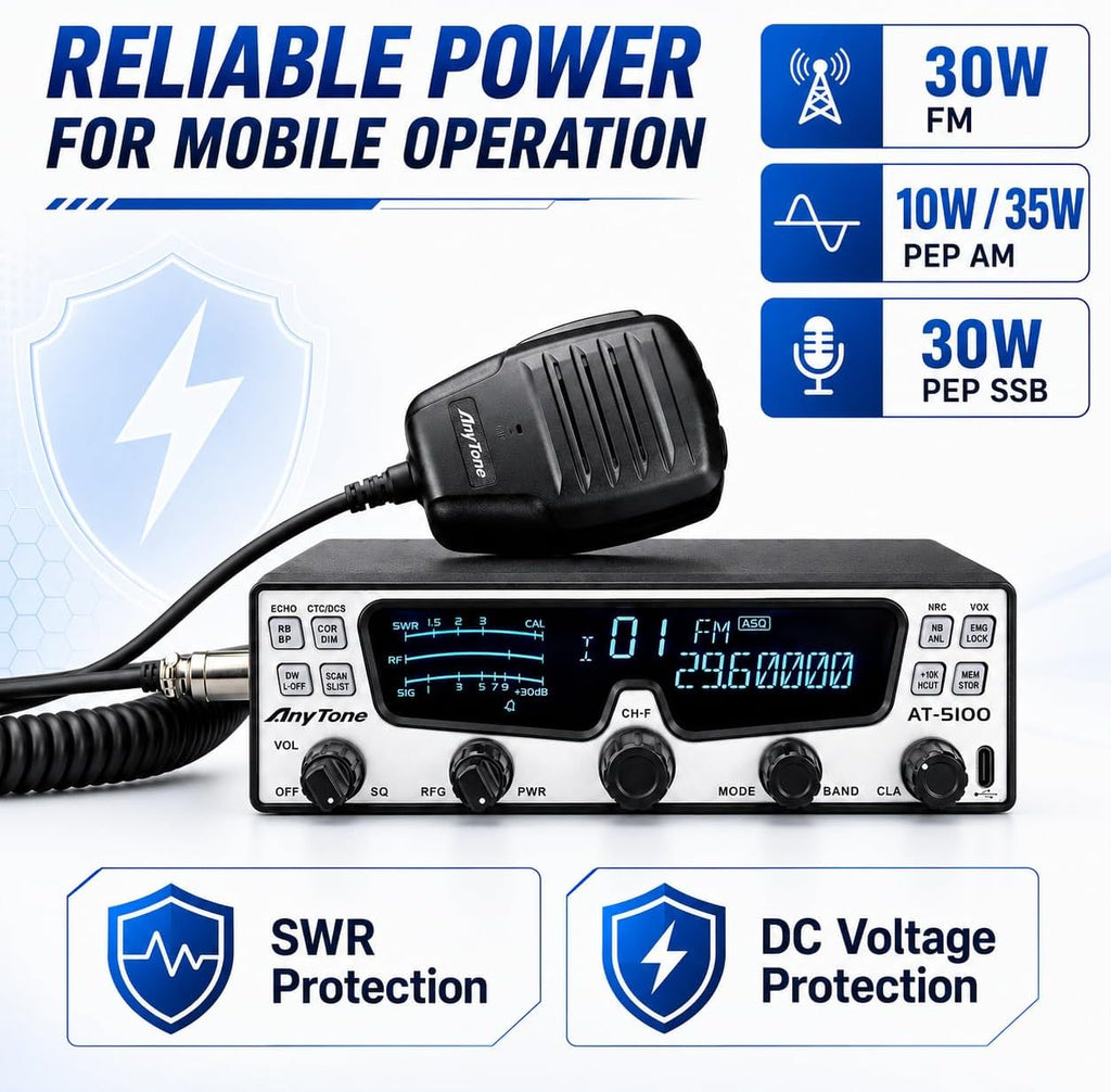 AnyTone AT-5100 10 Meter Amateur Radio, SSB/CW/AM/FM Mobile Transceiver
