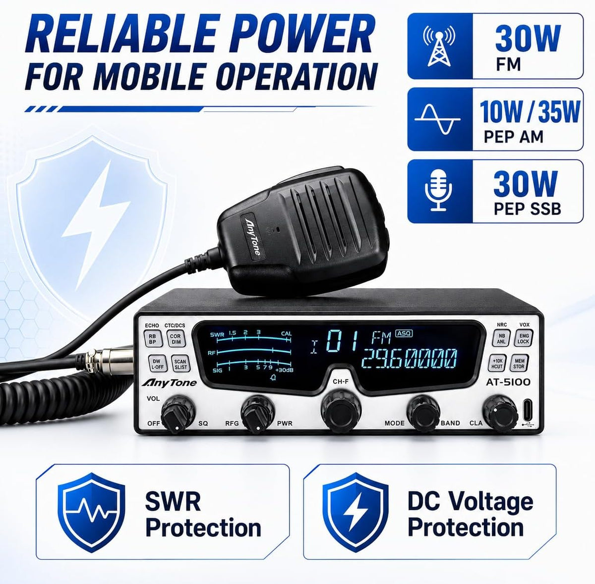 AnyTone AT-5100 10 Meter Amateur Radio, SSB/CW/AM/FM Mobile Transceiver