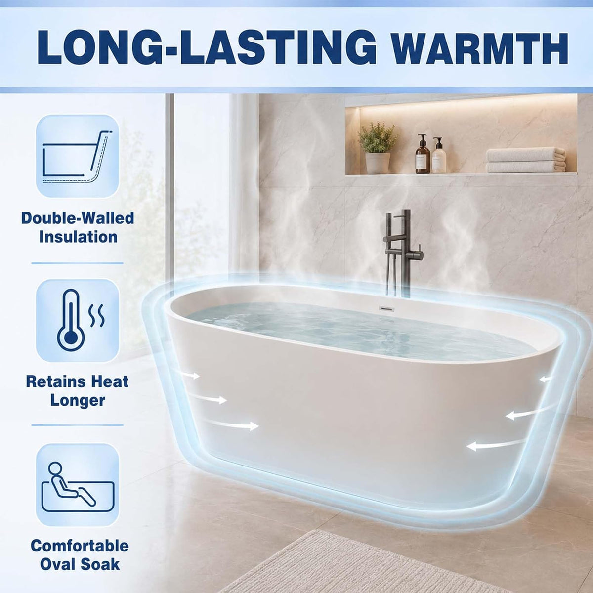55" Oval Acrylic Free Standing Tub with 8-Layer Insulation (Gloss White)